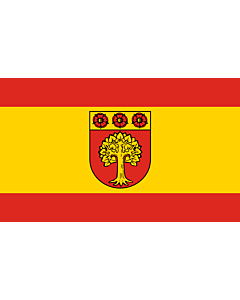 Flag: Selm | Beschreibung der Flagge  Die Flagge ist von Rot zu Gelb zu Rot im Verhältnis 1  3  1 längsgestreift mit dem Wappenschild der Stadt in der Mitte